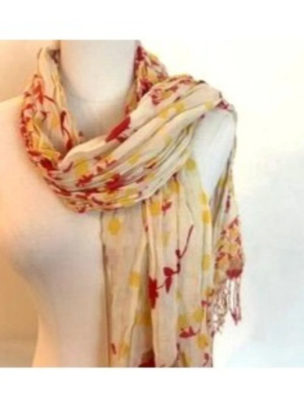 Floral Yellow & Red Lightweight Scarf Wrap Fringe Crinkle Cottage Bloom Beach